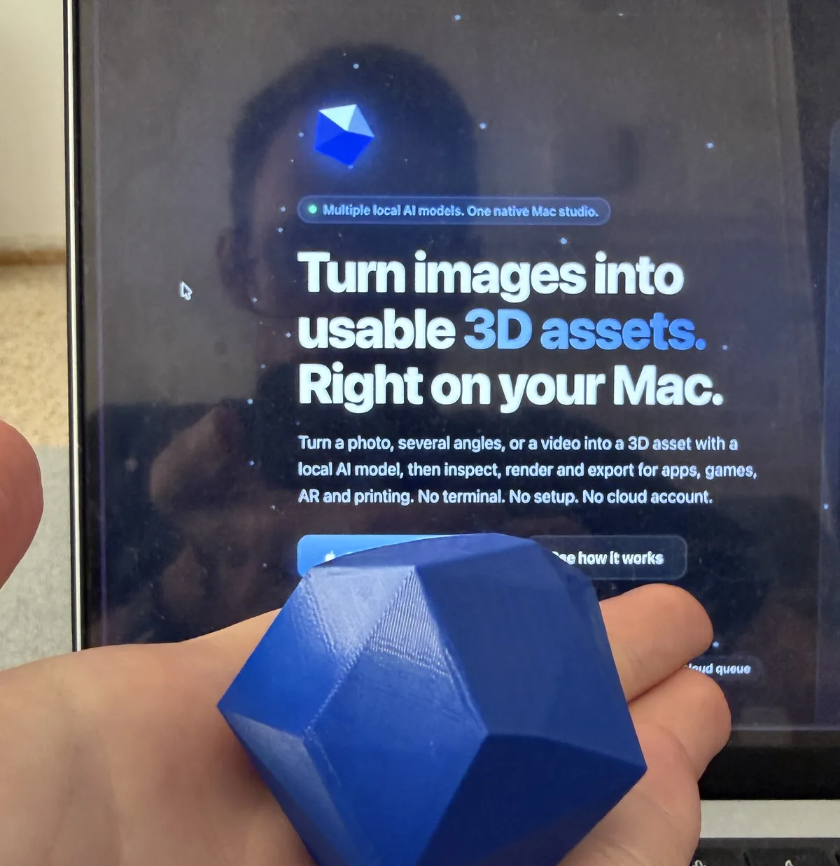The 3D Mate logo printed in blue filament, held in front of the same logo on the 3D Mate website