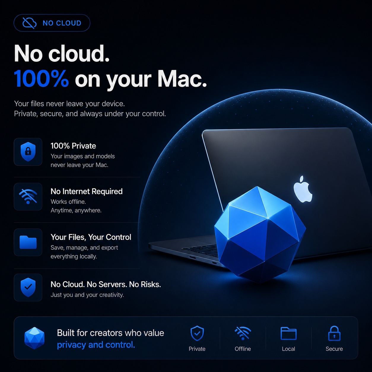 No cloud. 100% on your Mac. 3D Mate is private, works offline, keeps files local, and needs no servers